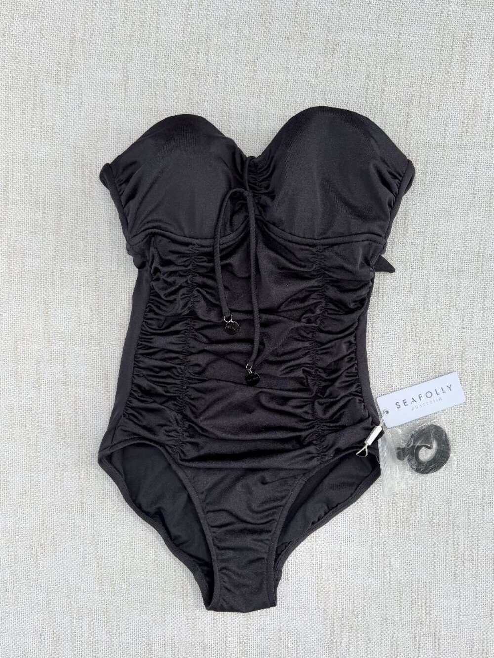 NWT* Seafolly Australia Black One Piece Bandeau Maillot Ruched Swimsuit Sz 4